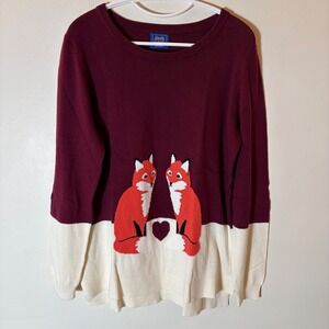 Le Tigre Womens Fox Heart Intarsia Knit Sweater Burgundy Cream Cotton Large